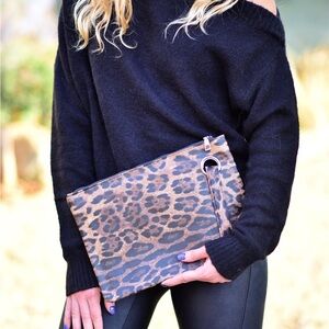 Vegan Printed Leopard Zippered Clutch Wristlet Bag
